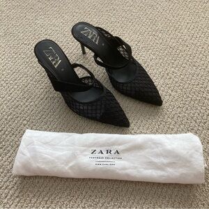 NEW Zara Black Mesh Women's Kitten Heels Size 37 with Dust Bag
